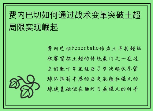 费内巴切如何通过战术变革突破土超局限实现崛起 费内巴切如何通过战术变革突破土超局限实现崛起