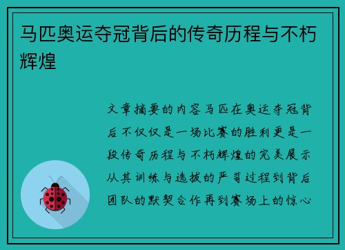 马匹奥运夺冠背后的传奇历程与不朽辉煌 马匹奥运夺冠背后的传奇历程与不朽辉煌