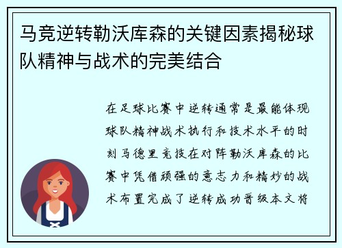 马竞逆转勒沃库森的关键因素揭秘球队精神与战术的完美结合 马竞逆转勒沃库森的关键因素揭秘球队精神与战术的完美结合