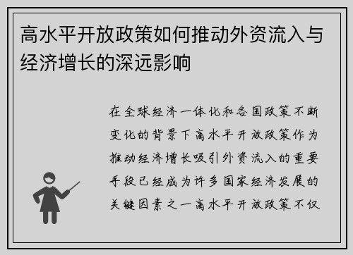 高水平开放政策如何推动外资流入与经济增长的深远影响 高水平开放政策如何推动外资流入与经济增长的深远影响