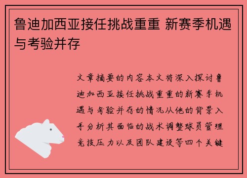 鲁迪加西亚接任挑战重重 新赛季机遇与考验并存