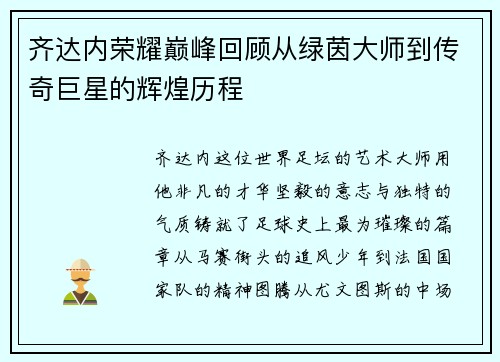齐达内荣耀巅峰回顾从绿茵大师到传奇巨星的辉煌历程